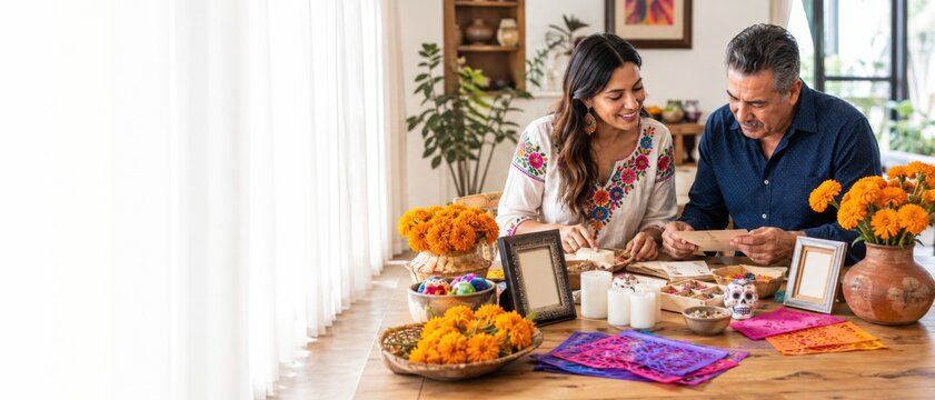 Day of the Dead celebration preparation with family arranging traditional altar