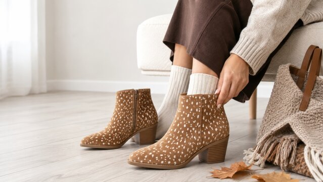 Cozy autumn scene featuring woman wearing stylish fawn boots indoors