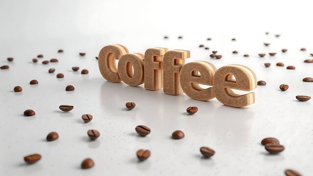 bold 3D typography with smooth coffee-colored letters, subtle coffee foam texture, small floating coffee beans, clean light background, soft studio lighting, realistic depth, minimal composition, prem