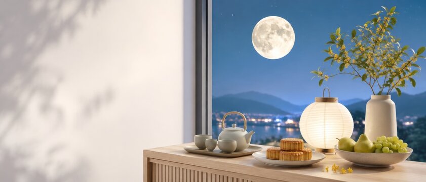 Mid autumn moon festival setting with lanterns and food by window, night background