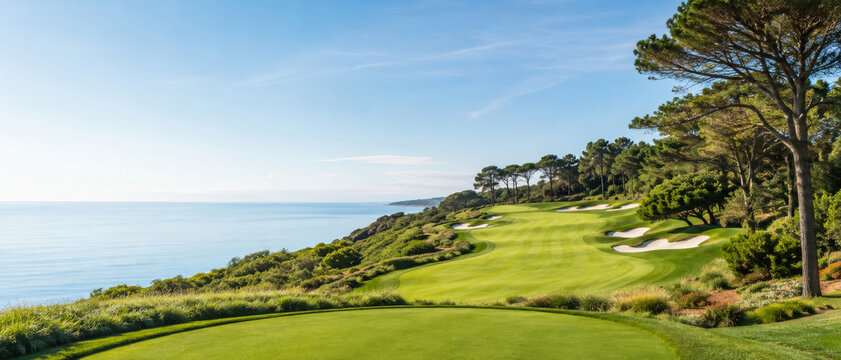 Golf course with lush greenery overlooking ocean, ideal for sports themes and background