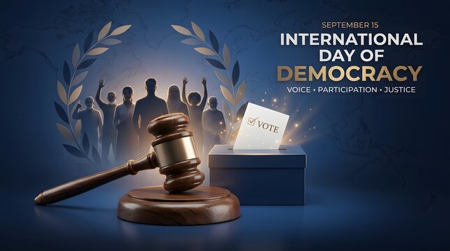 Gavel resting on a ballot box with silhouetted figures democratic concept