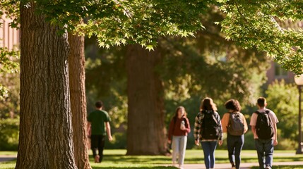 Fototapeta premium Students walking between classes on a university campus, surrounded by trees and greenery, with sunlight filtering through the leaves in a vibrant outdoor setting