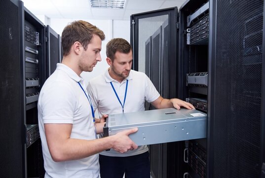 IT engineers installing server hardware in data center rack enclosure