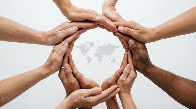 Diverse group of people holding hands in a circle around a world map representing global unity and cooperation