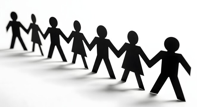 Black paper people chain holding hands together on a white background