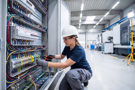 Female electrician working on electrical control panel in factory hall
