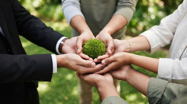 Group of diverse people holding a small green plant together symbolizing environmental protection and sustainable business growth