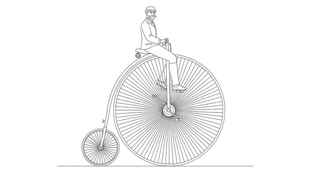 Gentleman riding a vintage penny farthing bicycle on a clean white background