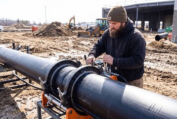 Naklejka premium Construction worker fusing HDPE plastic pipe on job site industrial