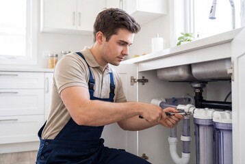 Obraz premium Professional plumber fixing kitchen sink water filter system repairing