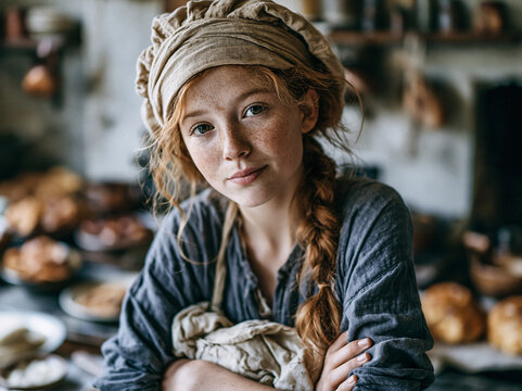Soft close‑up portrait of freckled young red‑haired craftswoman with cloth head‑wrap, arms crossed inside a rustic workshop studio.