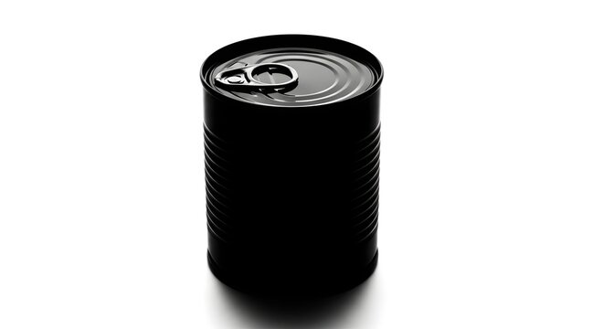 Single black tin can with a silver pull tab on white background