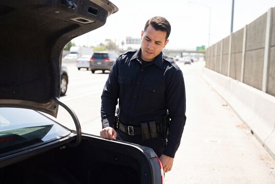 Police officer searching car trunk on highway traffic stop daylight
