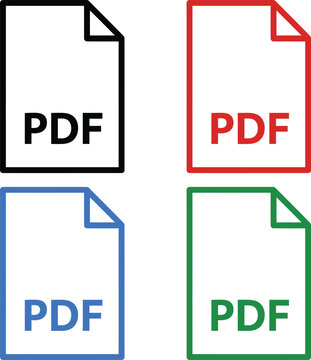 Four PDF document icons with black red blue and green outlines on transparent background for file format.