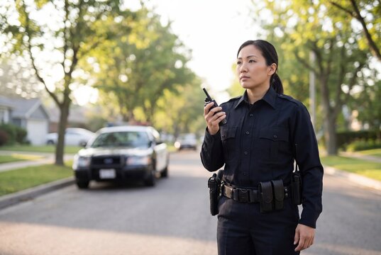 Female police officer talking on radio patrol car neighborhood street