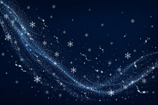 Silver snowflakes and sparkling wave with confetti on dark blue winter background