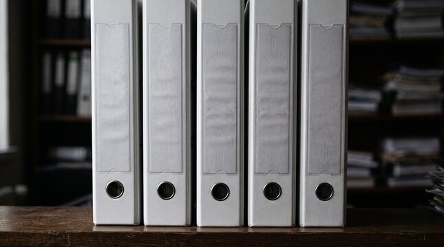 Row of Five White Office Binders Standing on a Wooden Desk in a Blurred Archive.