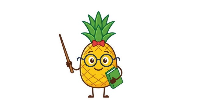 Cute cartoon pineapple teacher character holding a book
