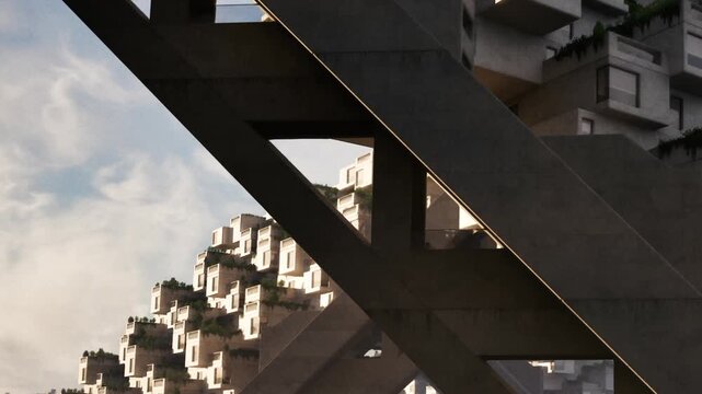 The scene shows a close view of a modern building with distinct angles and shapes. The building has multiple levels and design features set against the sky.