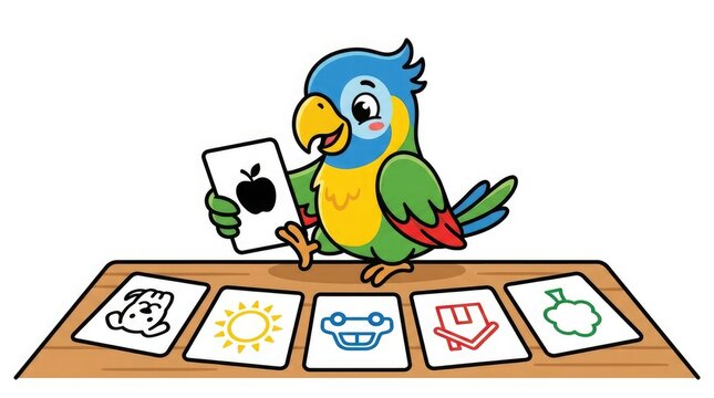 Cartoon parrot holding an apple card with flashcards