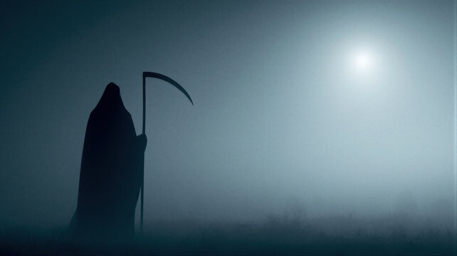 Grim reaper silhouette with scythe in dark fog at night. Hooded figure of death walking in mist under moonlight. Horror and mystery concept for halloween card and poster.