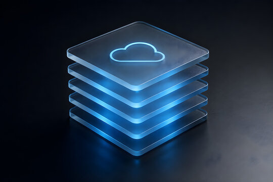 A stack of glowing blue glass square plates featuring a neon cloud icon on a dark background.