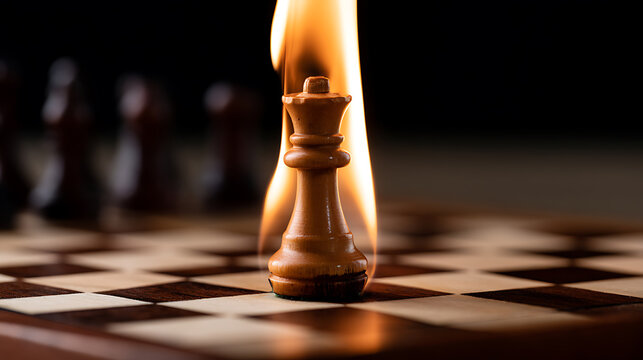 A wooden chess queen piece stands in the center of a chessboard surrounded by bright orange flames representing intense competition and drama