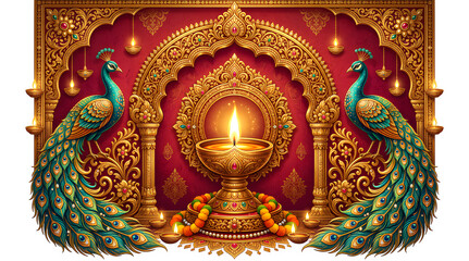 Fototapeta premium Ornate golden diya lamp with peacocks for happy diwali festival celebration isolated on transparent background