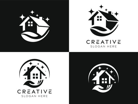 Set of home care logo design templates. Isolated modern clean house with hand elements designs in black and white.
