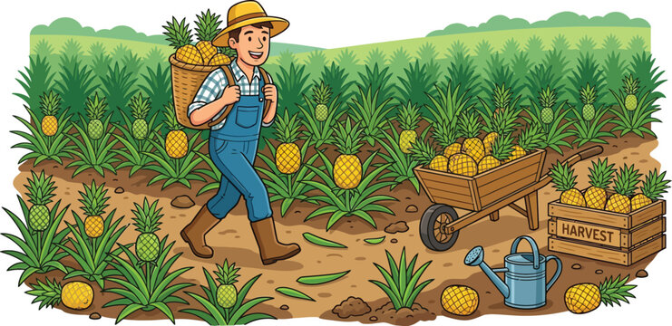 Pineapple farmer carrying basket through field with harvest isolated on transparent background