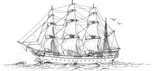 Hand-drawn sailing ship illustration, antique frigate boats, clipper vessels, line art silhouette, vintage maritime symbols, ship icon for design © torot678