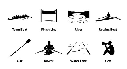 Rowing Sport Icons Set: Team Boat, Finish Line, River, Rowing Boat, Oar, Rowers, Water Lane, Cox, Vector Graphics for Sports and Competition © Joya