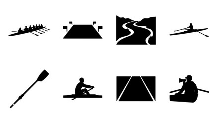 Rowing and Kayaking Icons Set, Water Sports Vector Graphics, River Navigation Symbols, Athlete Silhouettes for Sport Design © Joya
