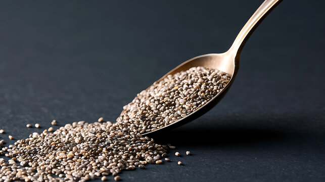 Healthy Salvia hispanica chia seeds on metal spoon and dark surface, organic superfood ingredient for dietary nutrition and wellness