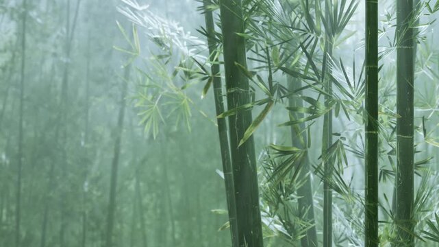 Thick bamboo stalks reach upward in a dense forest. A soft mist surrounds the area in the early morning light. Leaves rustle gently as nature awakens.