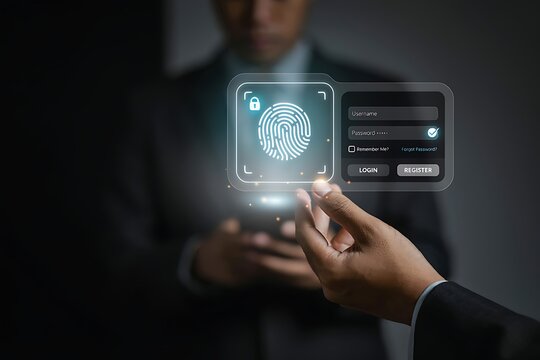 Hand interacting with a holographic fingerprint biometric authentication interface for user login