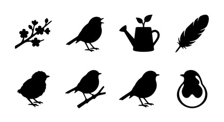 Fototapeta premium Charming Bird Silhouettes Collection, Spring Blossom Branch, Watering Can with Sprouts, Feather Icon, Vector Graphics for Nature and Garden Themes