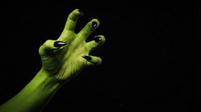 Green witch hand with black claws, creepy monster arm on black background, spooky halloween creature hand reaching out