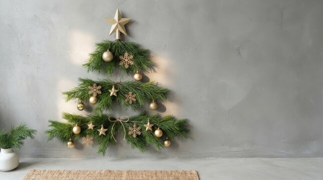 Minimalist Christmas tree wall art with pine branches. Modern holiday decor on grey concrete background. Festive fir tree alternative.