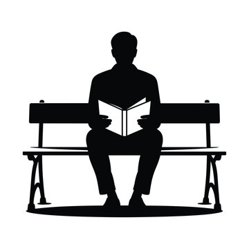 Man silhouette sitting on a park bench reading an open book isolated on white background