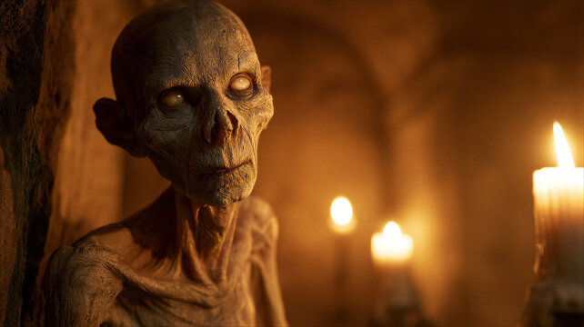 Creepy zombie with pale eyes in dark dungeon with burning candles. Scary undead monster in mystical darkness. Horror character for halloween party and spooky celebration concept