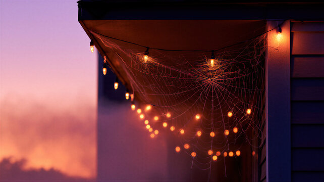 Spider web with glowing string lights on house porch corner at sunset twilight. Halloween decoration with spooky atmosphere. Autumn holiday home exterior decor concept