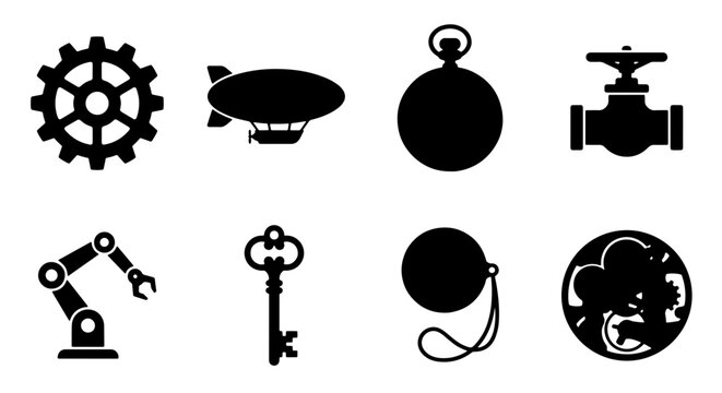 Steampunk Icons Set: Gear, Blimp, Pocket Watch, Valve, Robot Arm, Skeleton Key, Locket, Clockwork Elements for Industrial Design