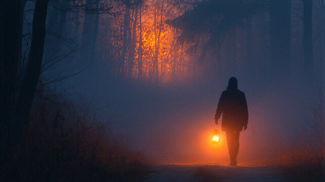 Hooded man with glowing lantern walking in dark foggy forest at night. Mysterious silhouette in misty woods. Scary horror atmosphere for Halloween and mystery concept
