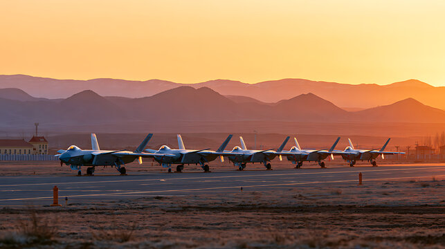 A line of modern military fighter jets parked on a desert airbase runway during a vibrant sunset with distant mountains in background