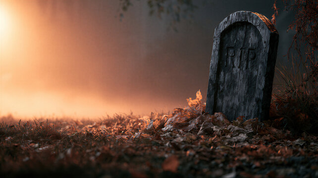 Old wooden tombstone with RIP inscription in misty graveyard with autumn leaves. Spooky halloween night scene with orange fog. Mysterious haunted cemetery holiday background