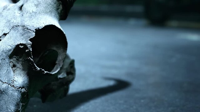 A skull rests on the ground in a dimly lit area. It is night, and shadows spread across the surface. The environment gives a sense of mystery.