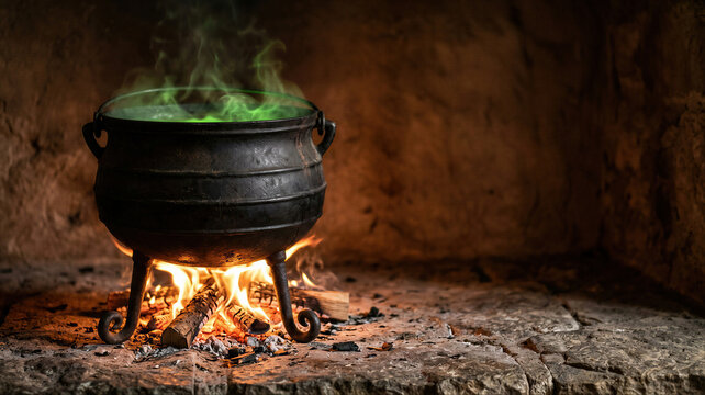 Black witch cauldron with green smoking potion over fire. Magic brew cooking on burning wood logs in dark stone dungeon. Halloween mystic ritual and witchcraft concept.