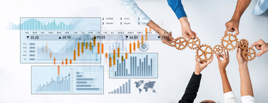 Diverse hands connecting gears over financial data charts reflect teamwork and collaboration in business strategy and analytics for success and growth. Scalp